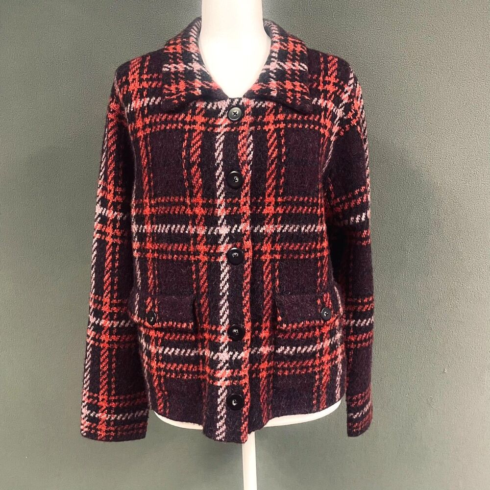 J. Jill Women’s Short Plaid Sweater Jacket Size Petite Medium Wool Blend Career
